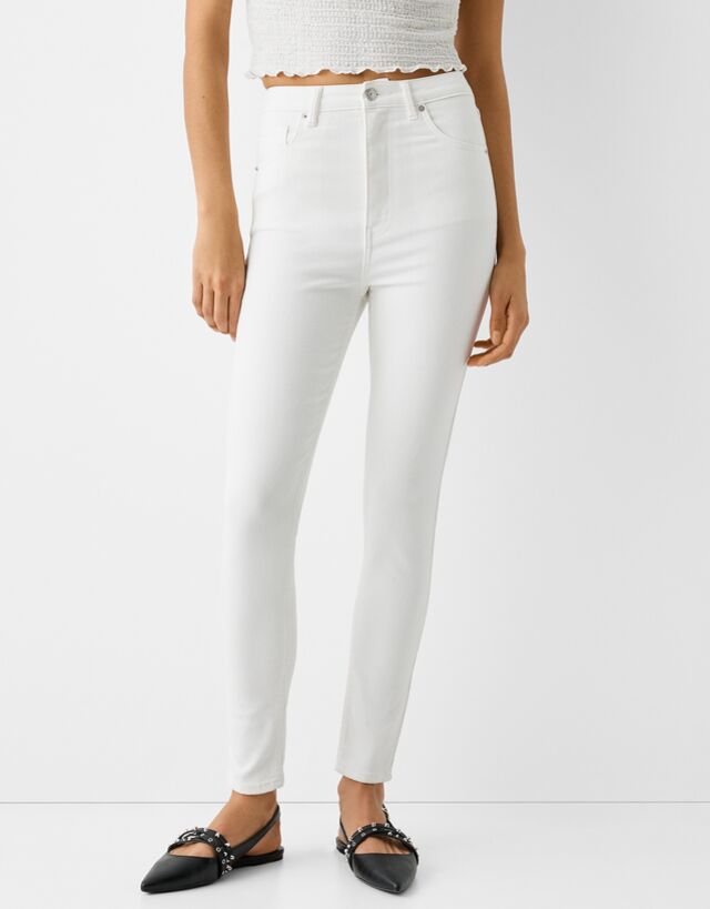Bershka Jeans Skinny Fit Super High Waist Donna 36 (Eu 32) Bianco