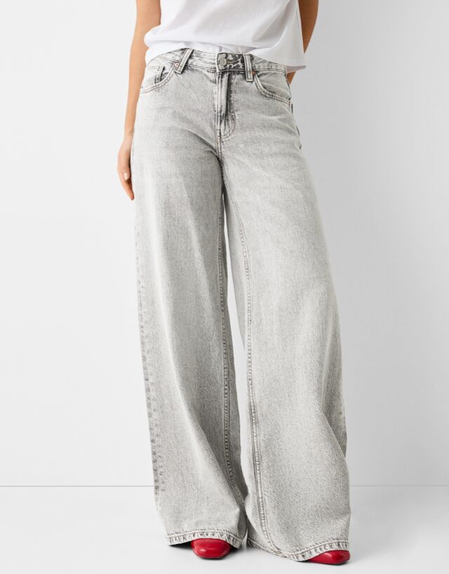 Bershka Wide-Leg-Jeans Damen 32 Grau günstig online kaufen