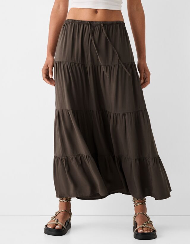 Bershka Falda Midi Goma Cintura Mujer Xs Marrón