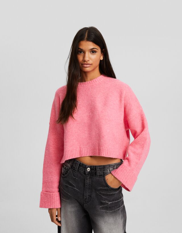 Bershka Krótki Sweter Z Okrągłym Dekoltem Kobieta L Różowy