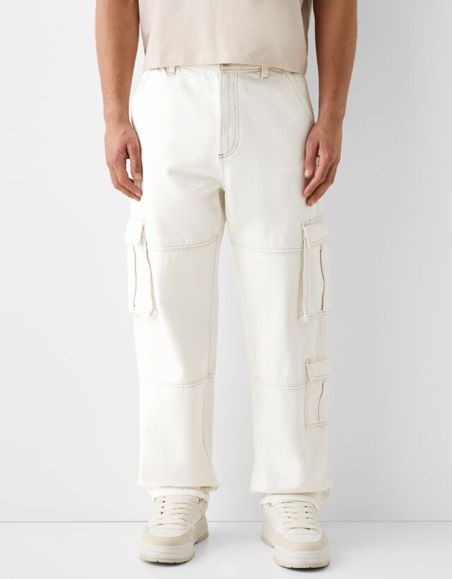 Bershka Jeans Cargo Baggy Uomo 52 (Eu 46) Bianco