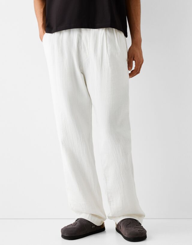 Bershka Pantaloni Wide Leg Semplici Con Texture Uomo Xl Bianco Roto