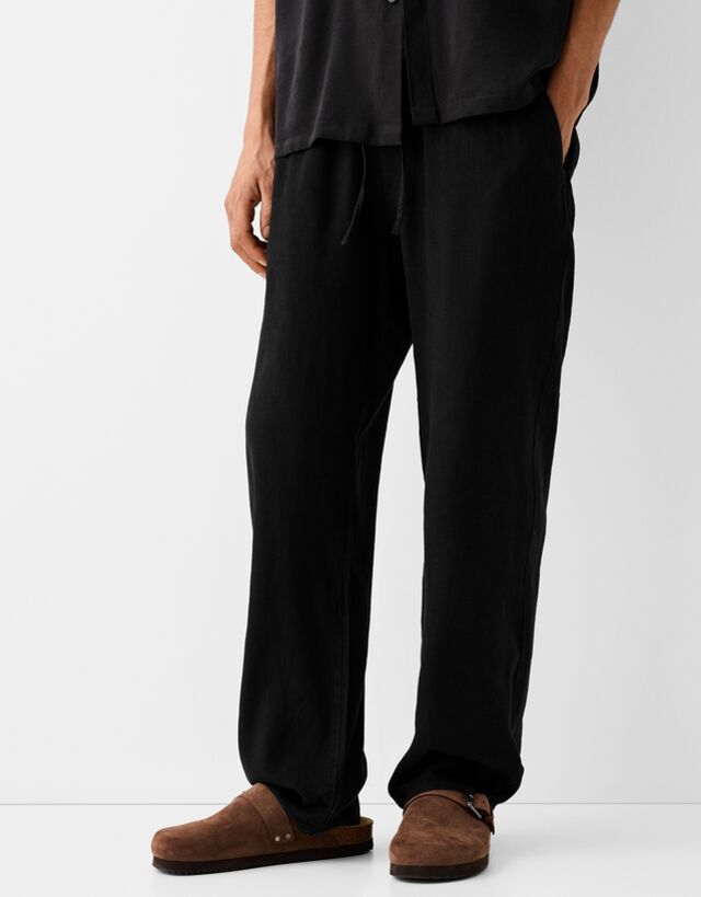 Bershka Pantalón Jogger Wide Con Lino Hombre S Negro