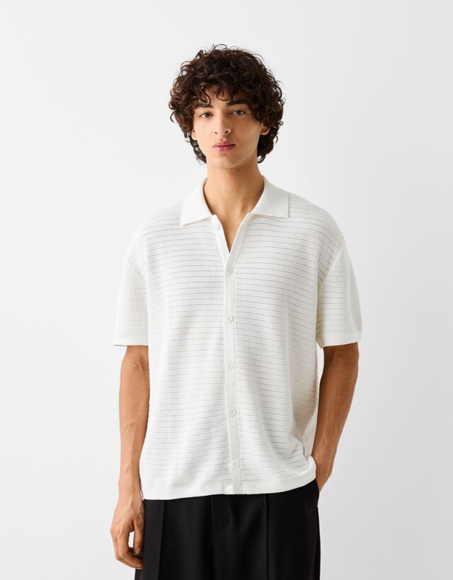 Bershka Camisa Manga Corta Calados Hombre Xl Blanco