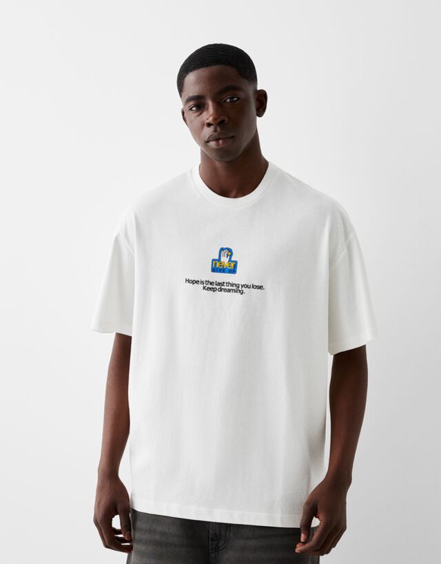 Bershka T-Shirt Manches Courtes Boxy Fit Imprimé Homme S Blanc