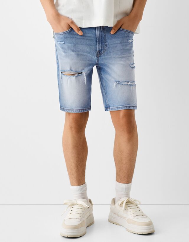 Bershka Bermuda Denim Rotos Hombre 44 Azul Lavado