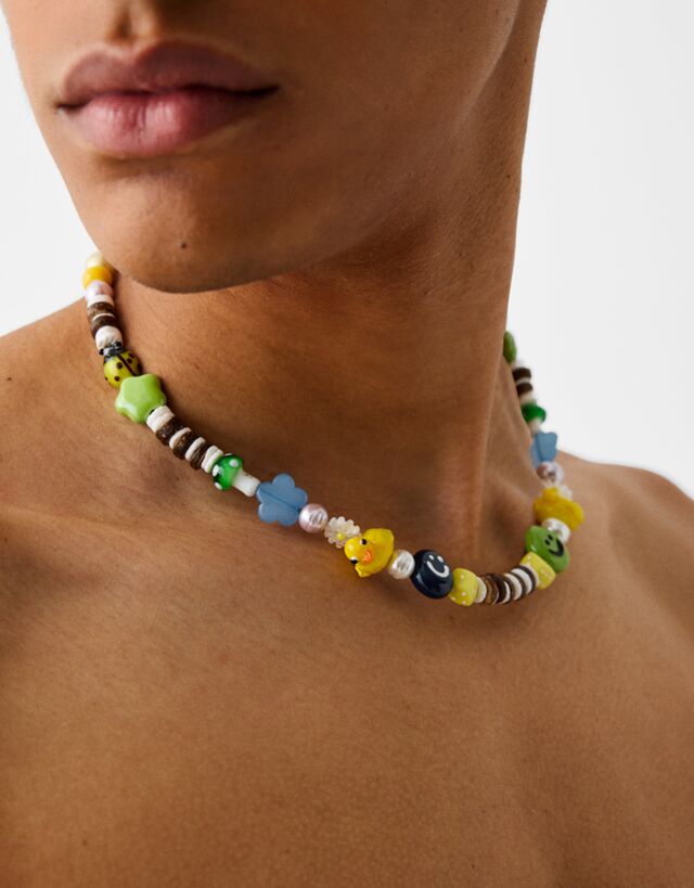 Bershka Collana Con Perline In Ceramica Multicolore Uomo Giallo