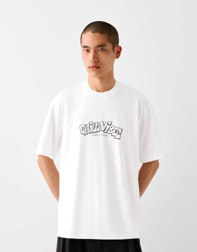 Bershka Camiseta Manga Corta Print Hombre S Blanco
