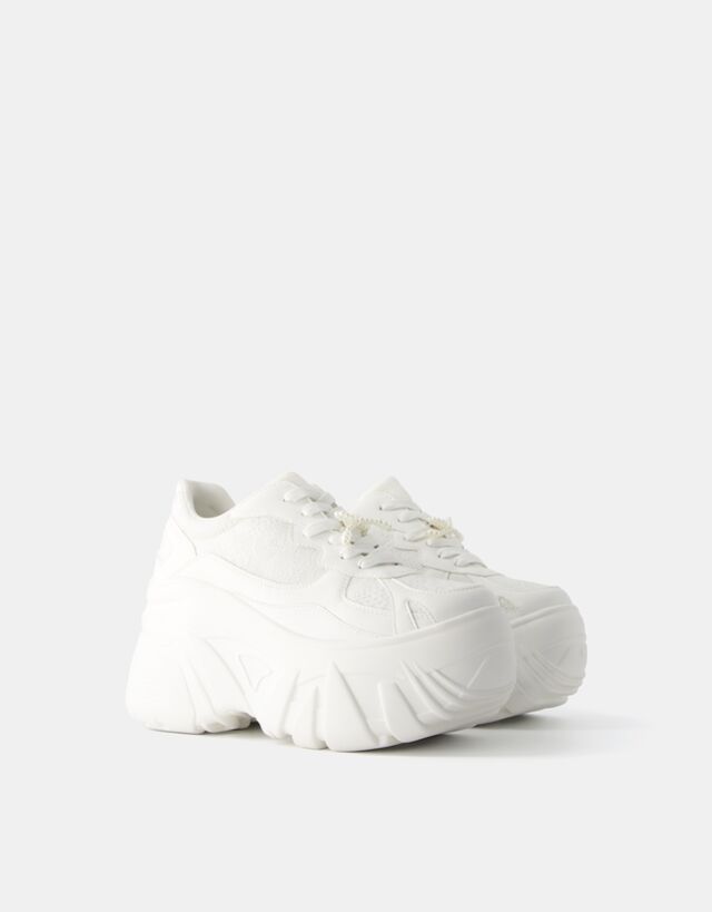 Bershka Sneakers Plateau Xl Con Dettaglio Di Pizzo E Fiocco Di Perle Donna 36 Bianco