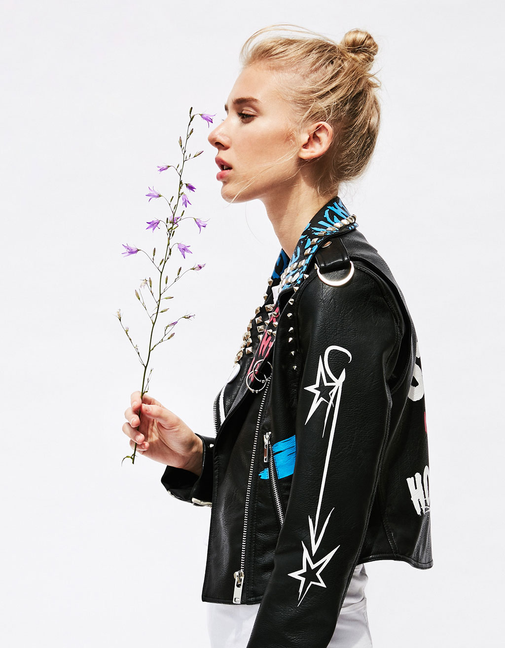 Women S Jackets Er For Spring Summer 2017 Bershka Graffiti Faux Leather Biker Jacket With Studs