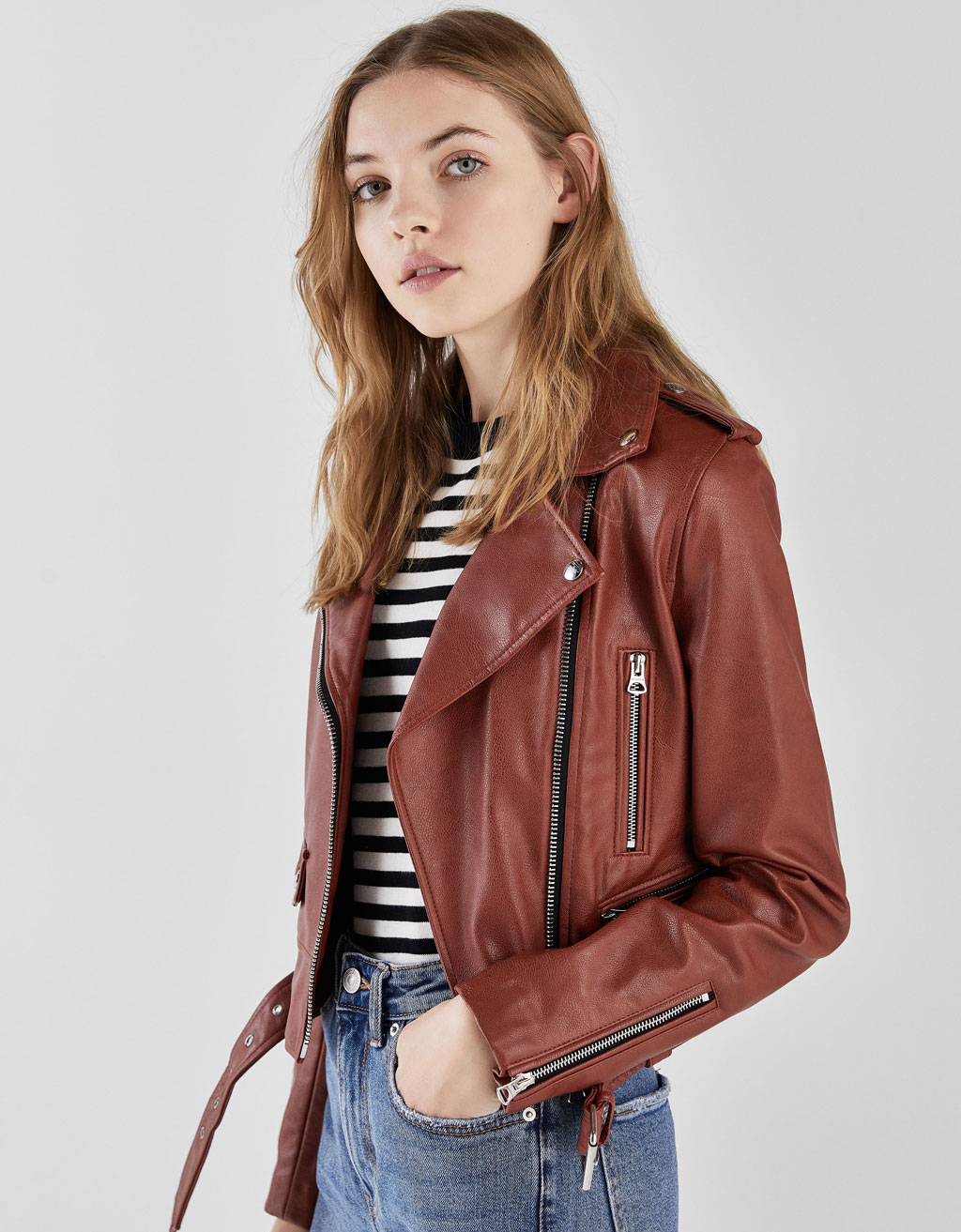 Faux Leather Biker Jacket With Belt T Shirts Bershka Belgium Faux Leather Biker Jacket With Belt