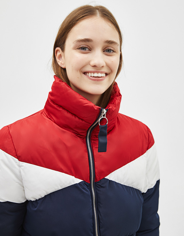 red colour block puffer jacket