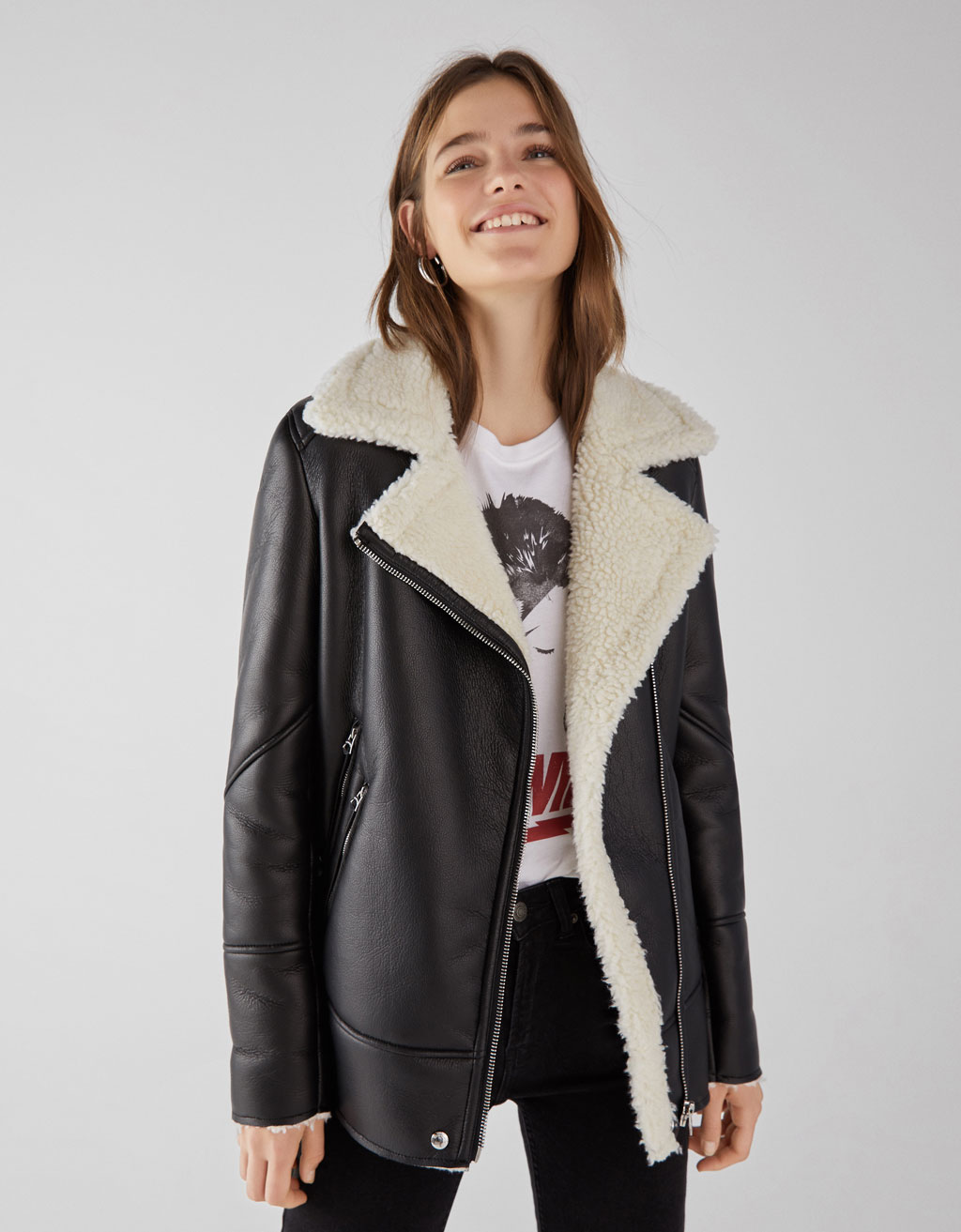 Faux Leather Biker Jacket With Shearling Lining Faux Leather Biker Jacket With Shearling Lining