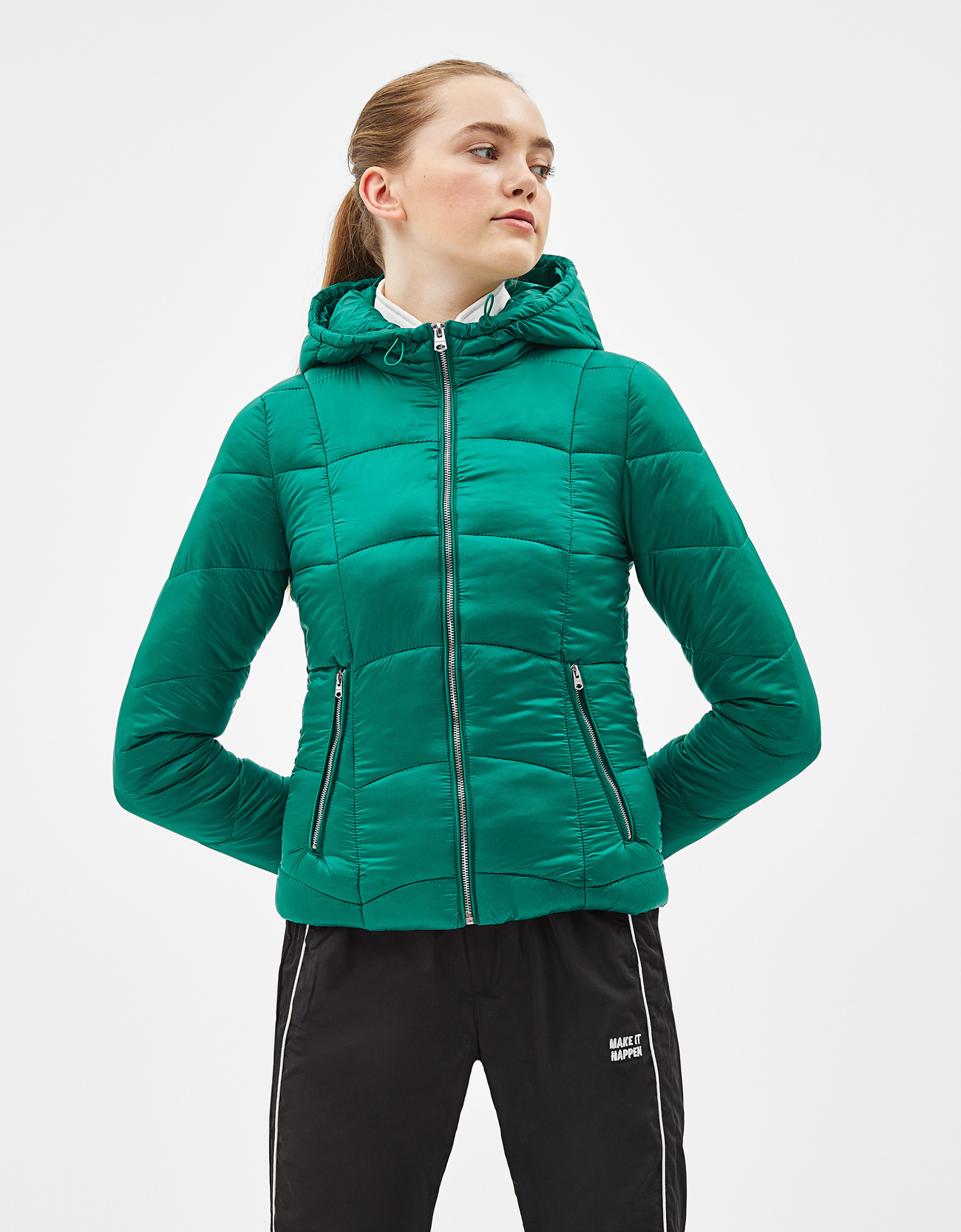 green hooded puffer jacket