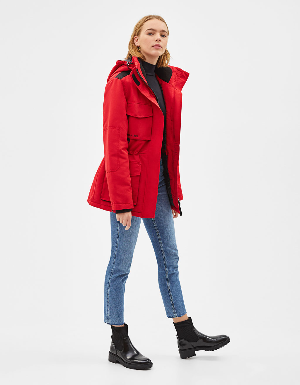 red ski style parka