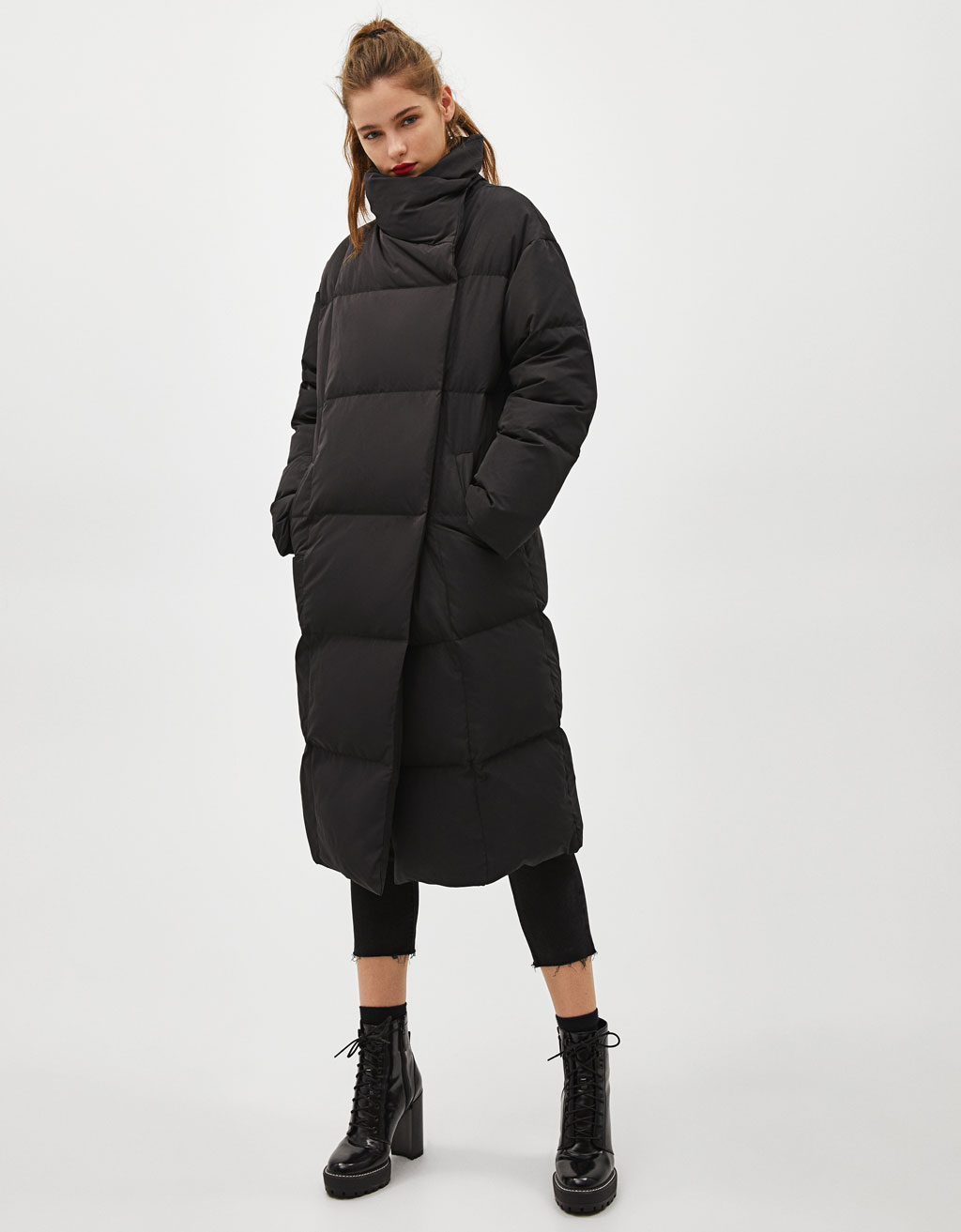 black high shine coat with faux fur hood