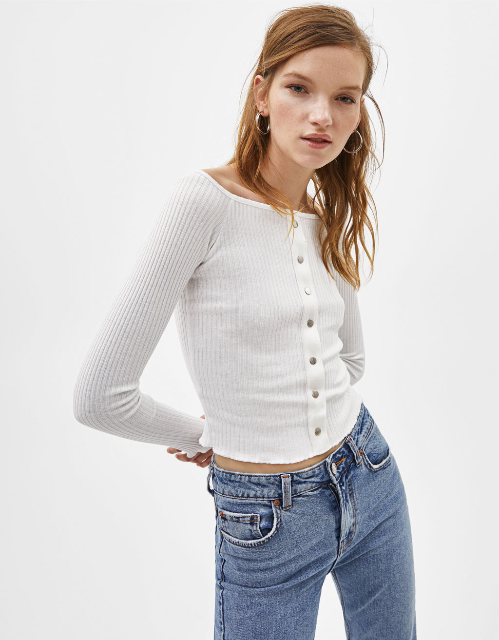 white off the shoulder top with buttons