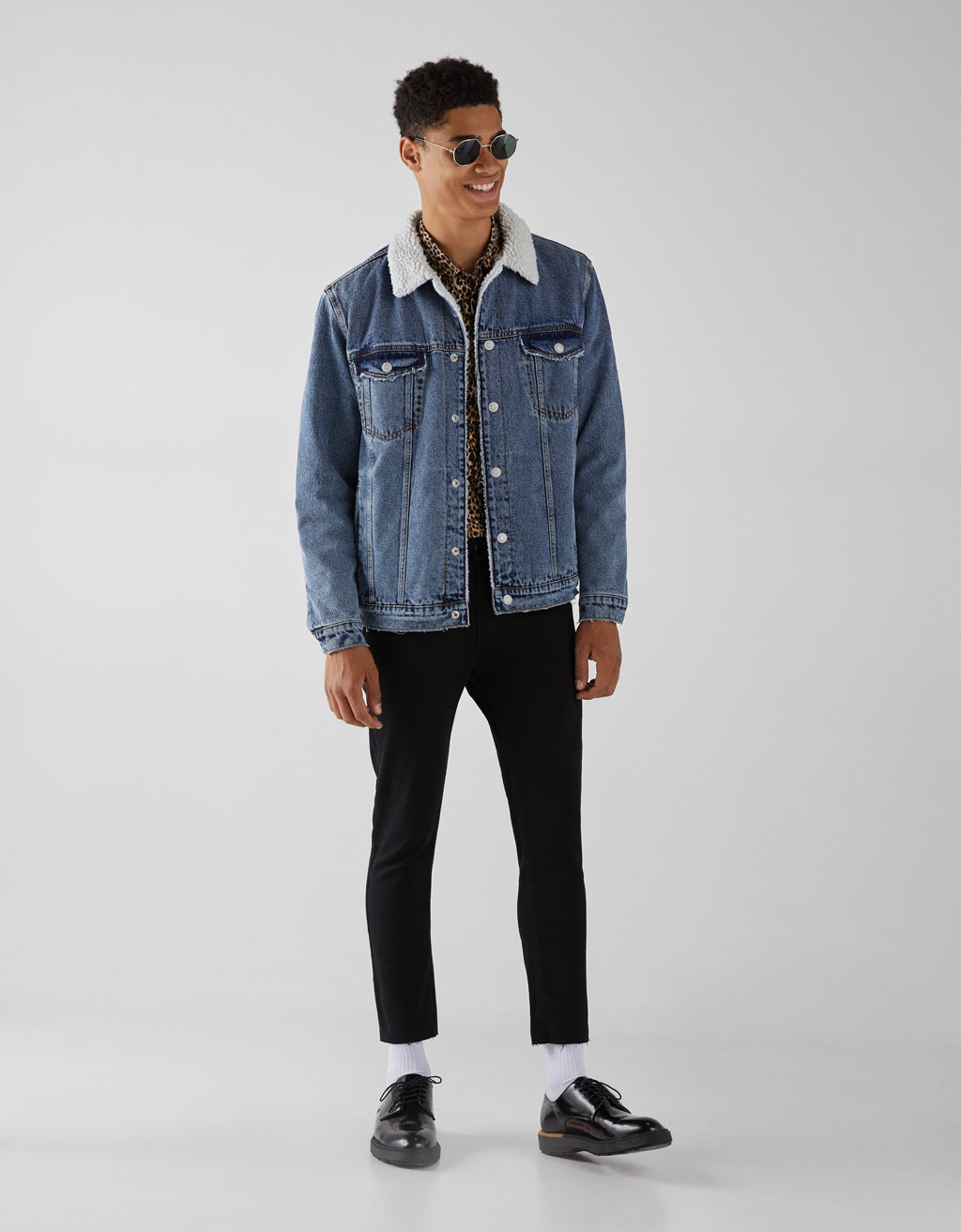 Yakasi Suni Yunlu Denim Ceket Biker Bershka Turkey