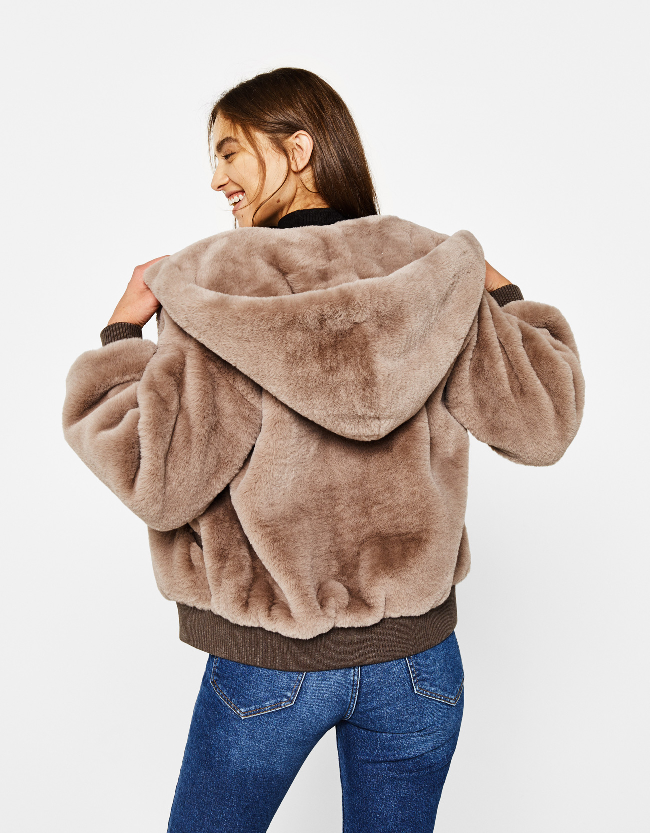 bershka faux fur jacket with hood