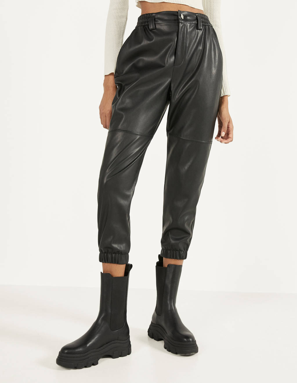 faux leather jogger trousers