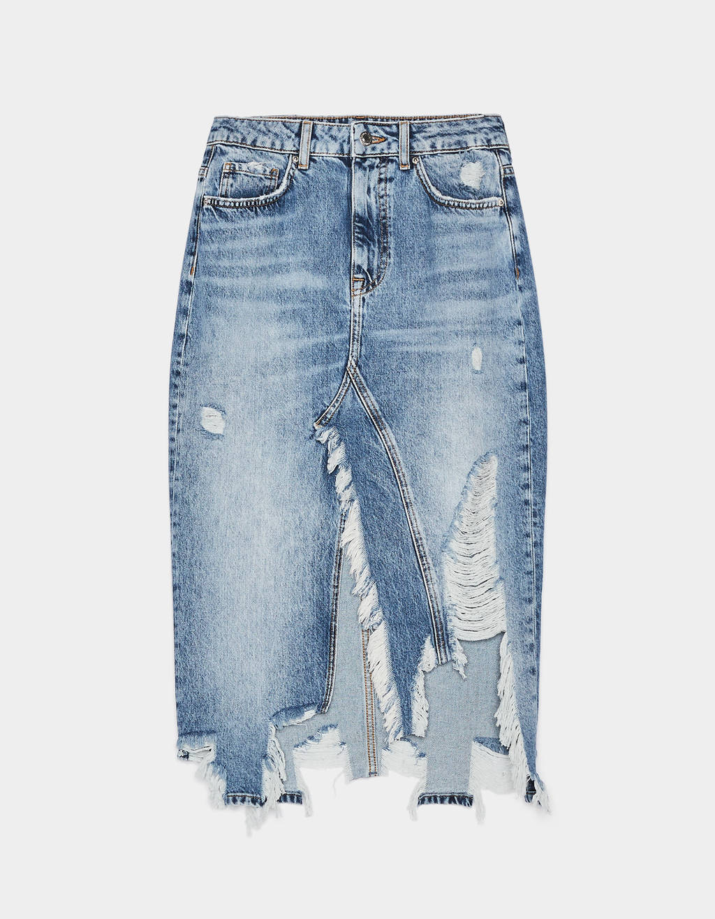 long distressed denim skirt