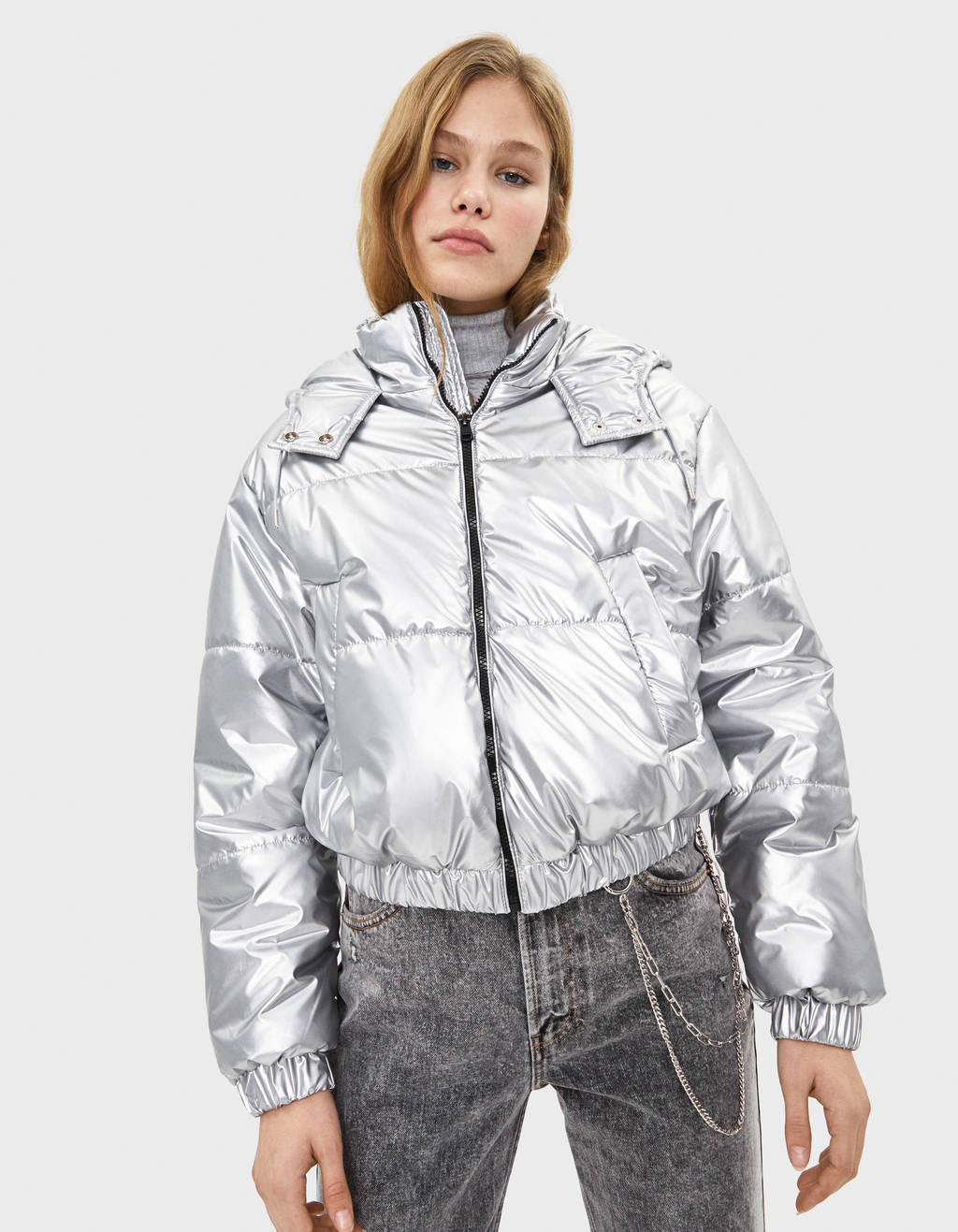 Metallic puffer jacket - Woman | Bershka