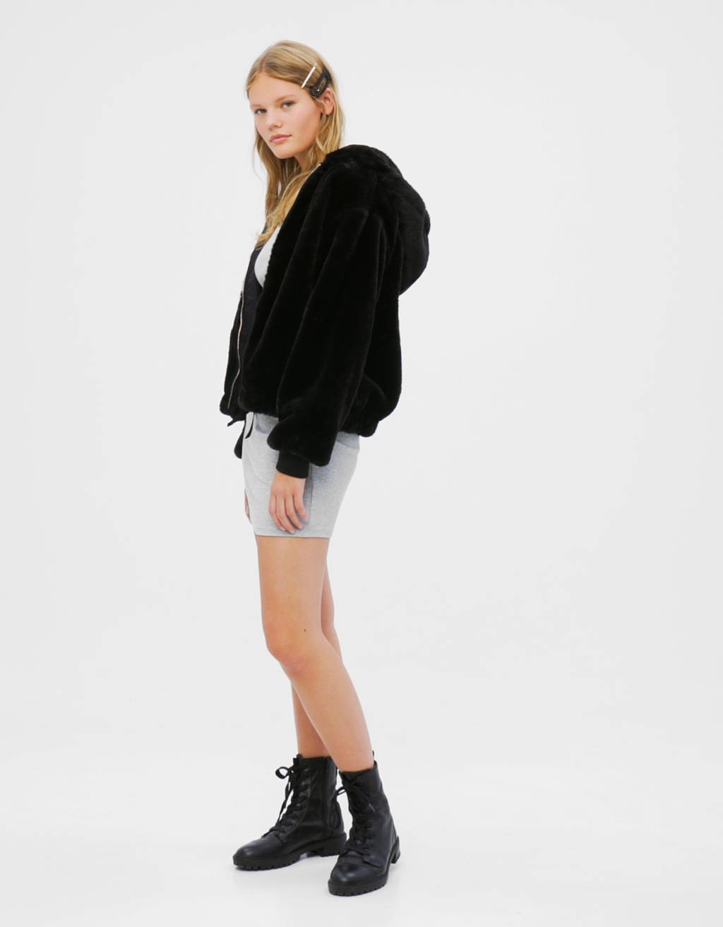 Faux fur jacket with hood - Woman | Bershka