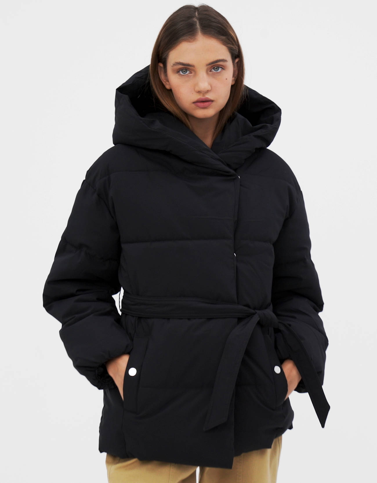 Bershka puffer coat with belt Clearance