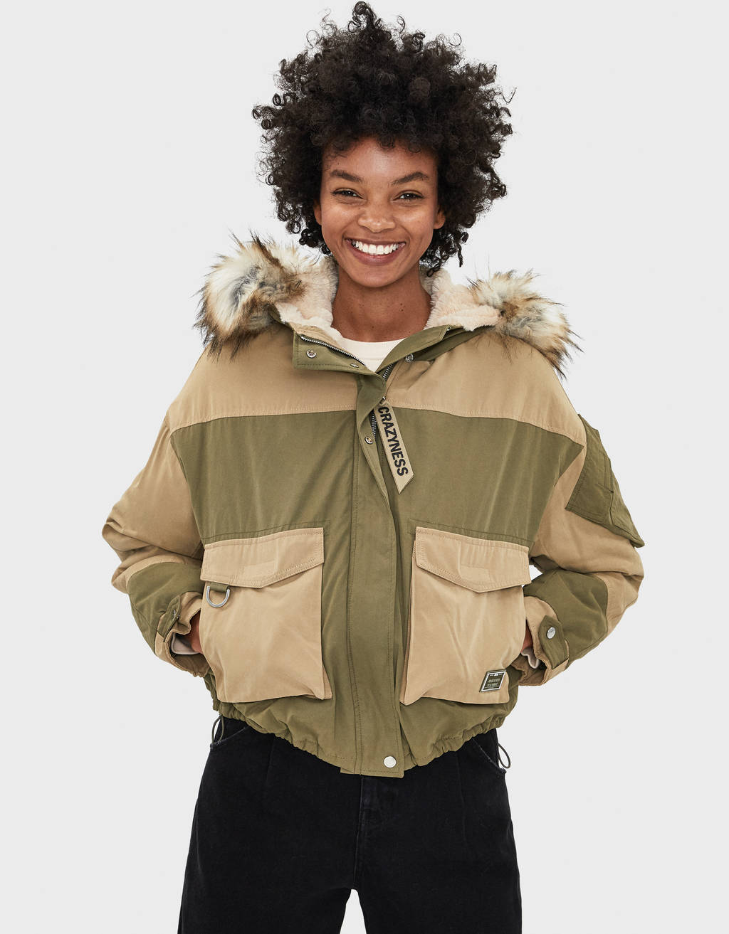 cropped parka with faux fur hood