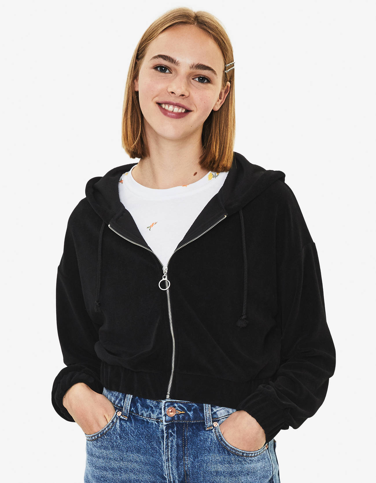 cropped velvet zip up hoodie