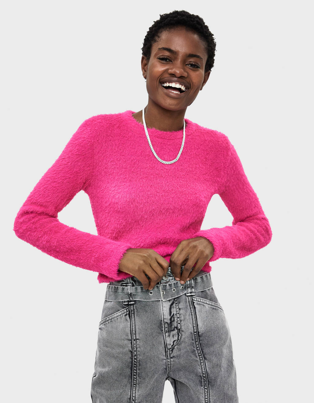 Cropped fuzzy sweater - null - Bershka 