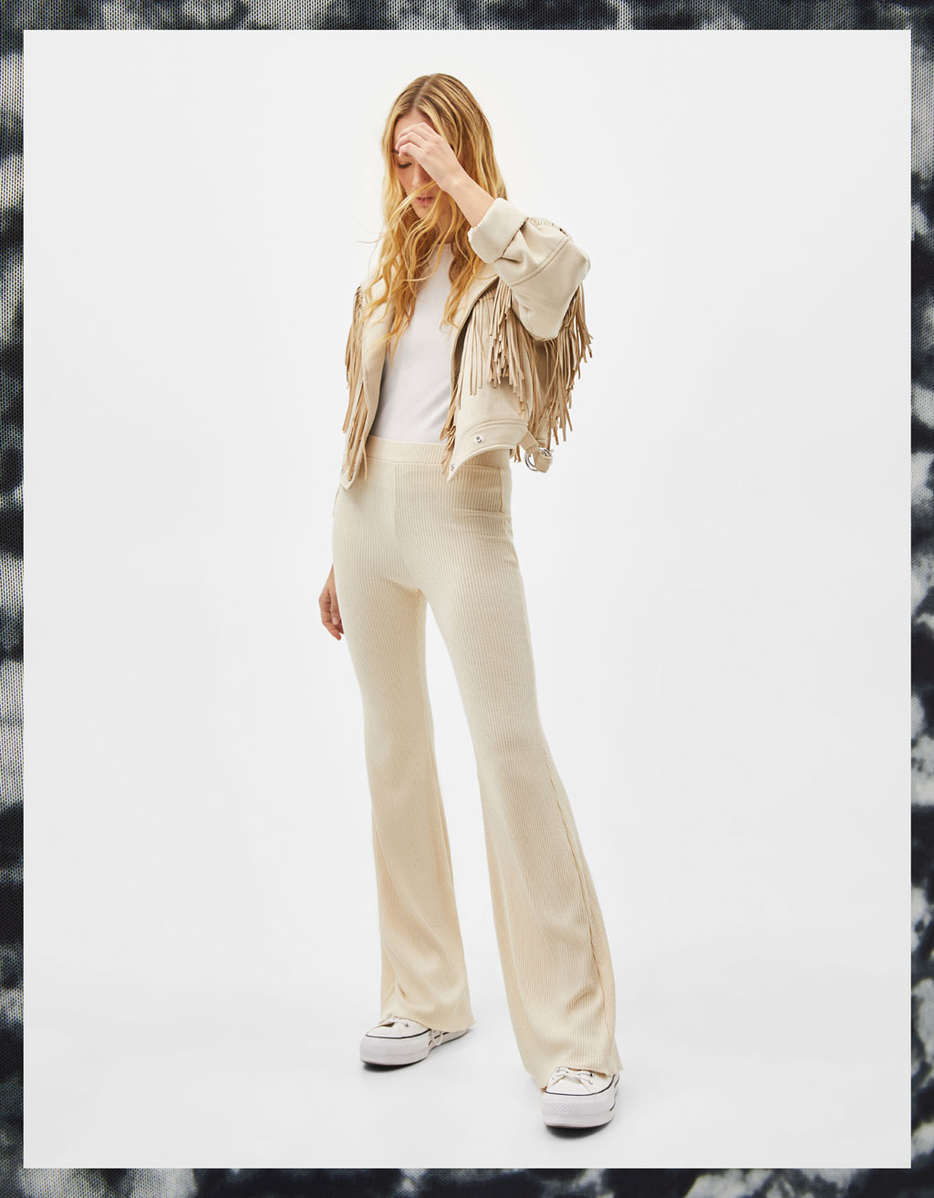 beige ribbed flared pants