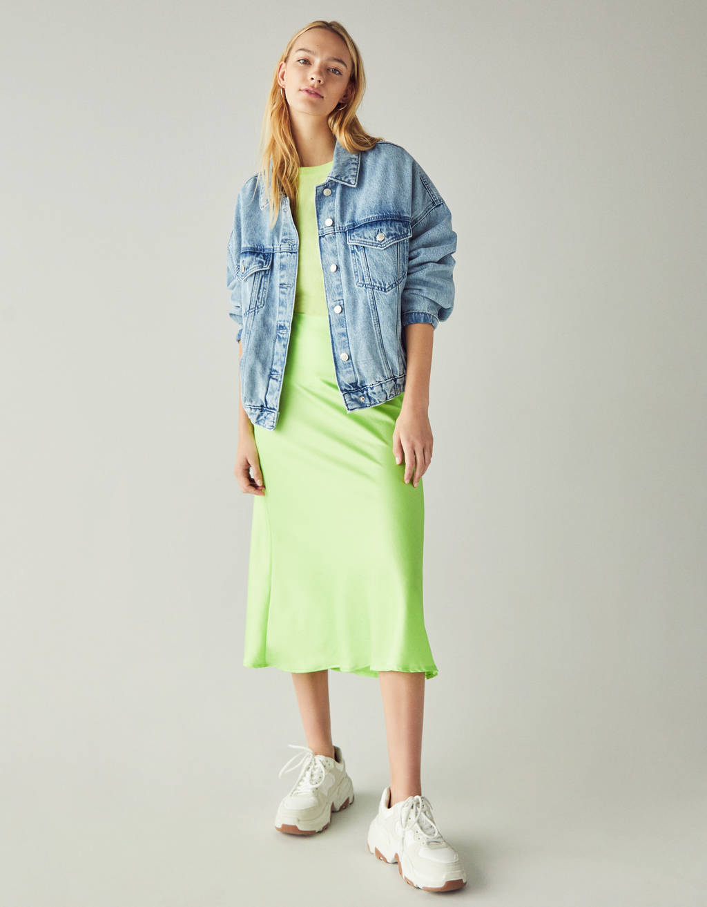 Neon Green Satin Midi Skirt 2025