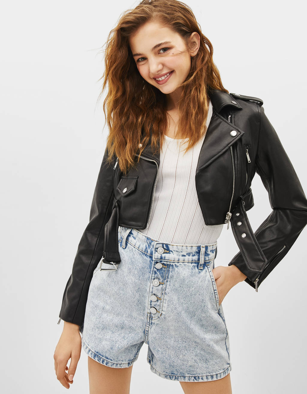 Cropped Faux Leather Biker Jacket Casual Bershka Israel