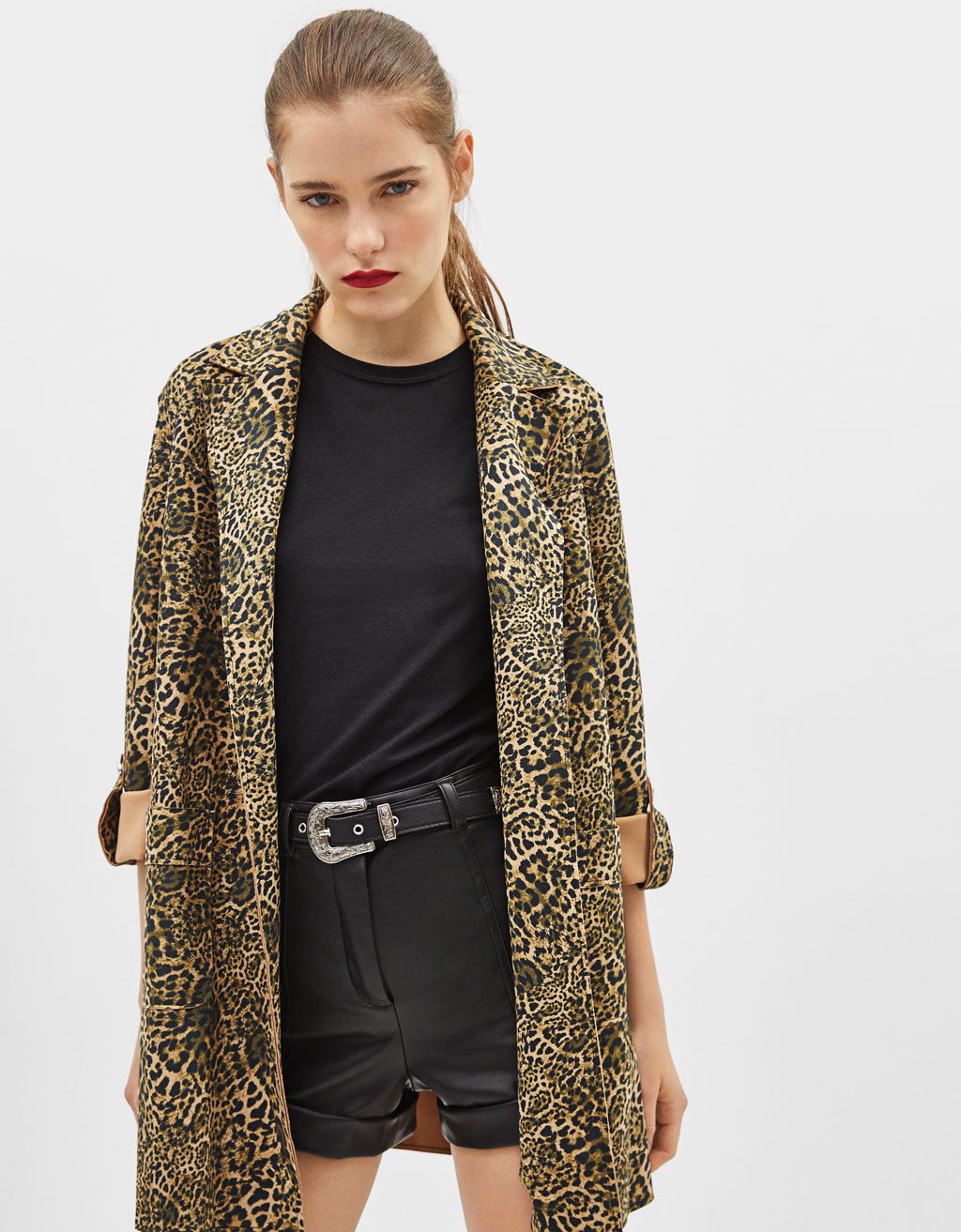 Leopard print faux suede coat
