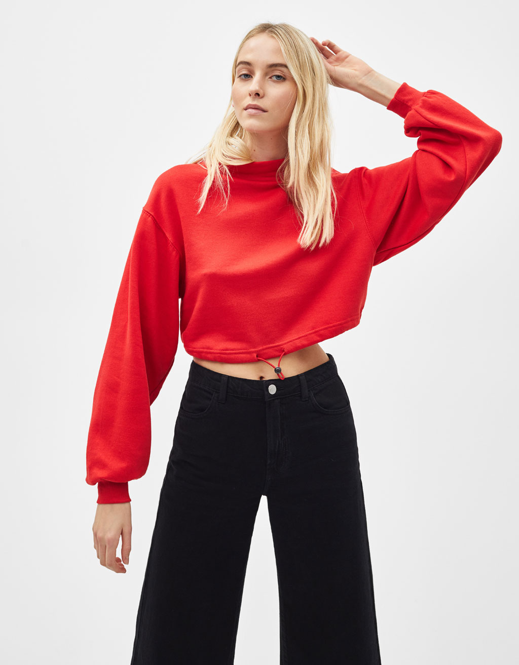 red cropped sweatshirt