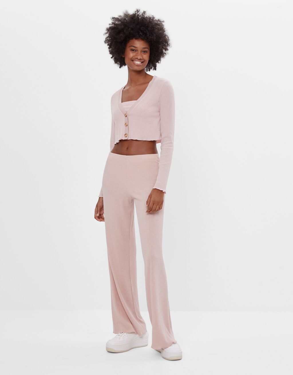 Knit cardigan, top and trousers set 
