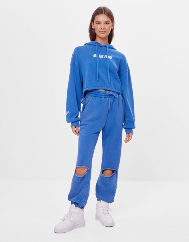 Plush hoodie and trousers set with rips 