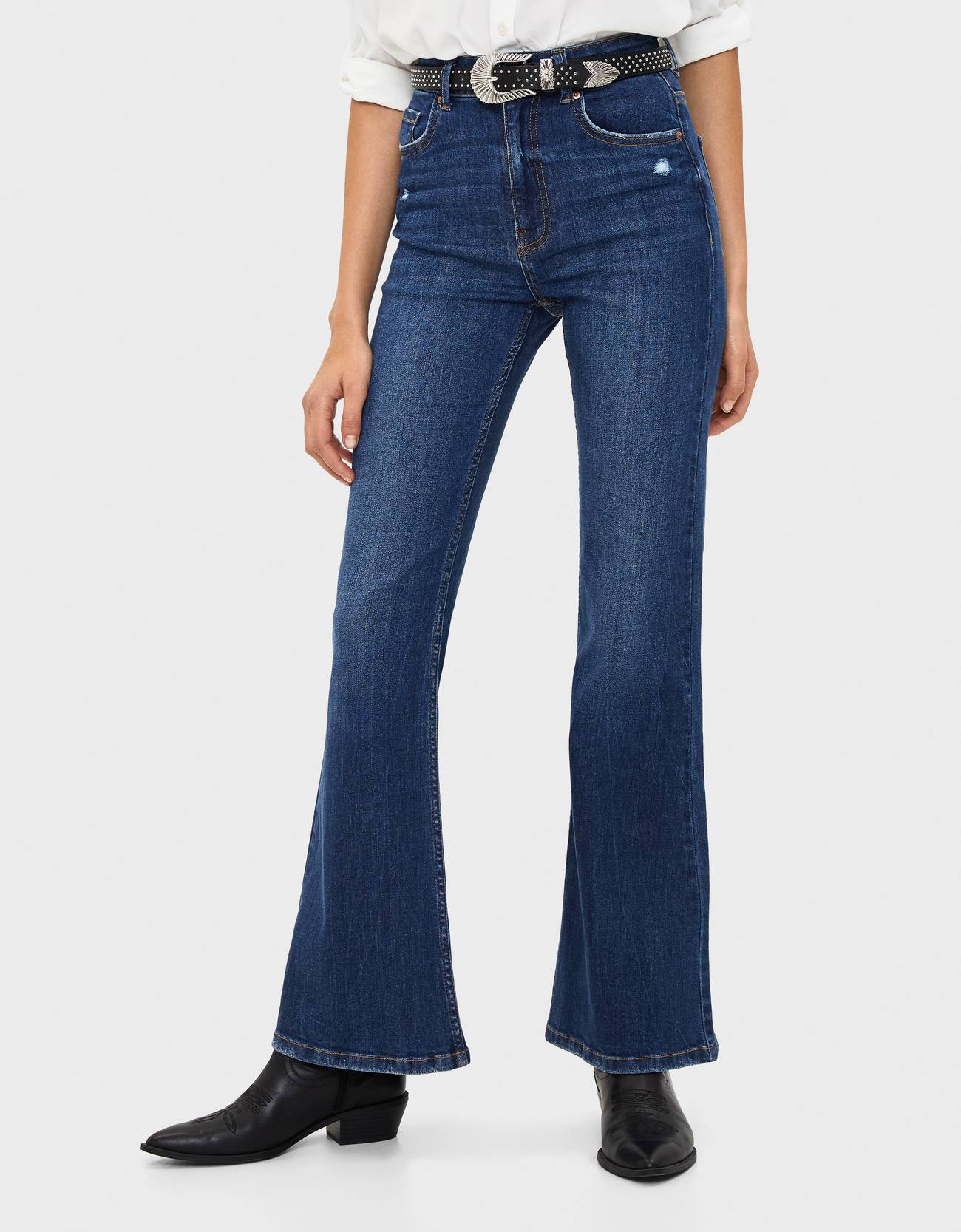 blue high waisted flared jeans