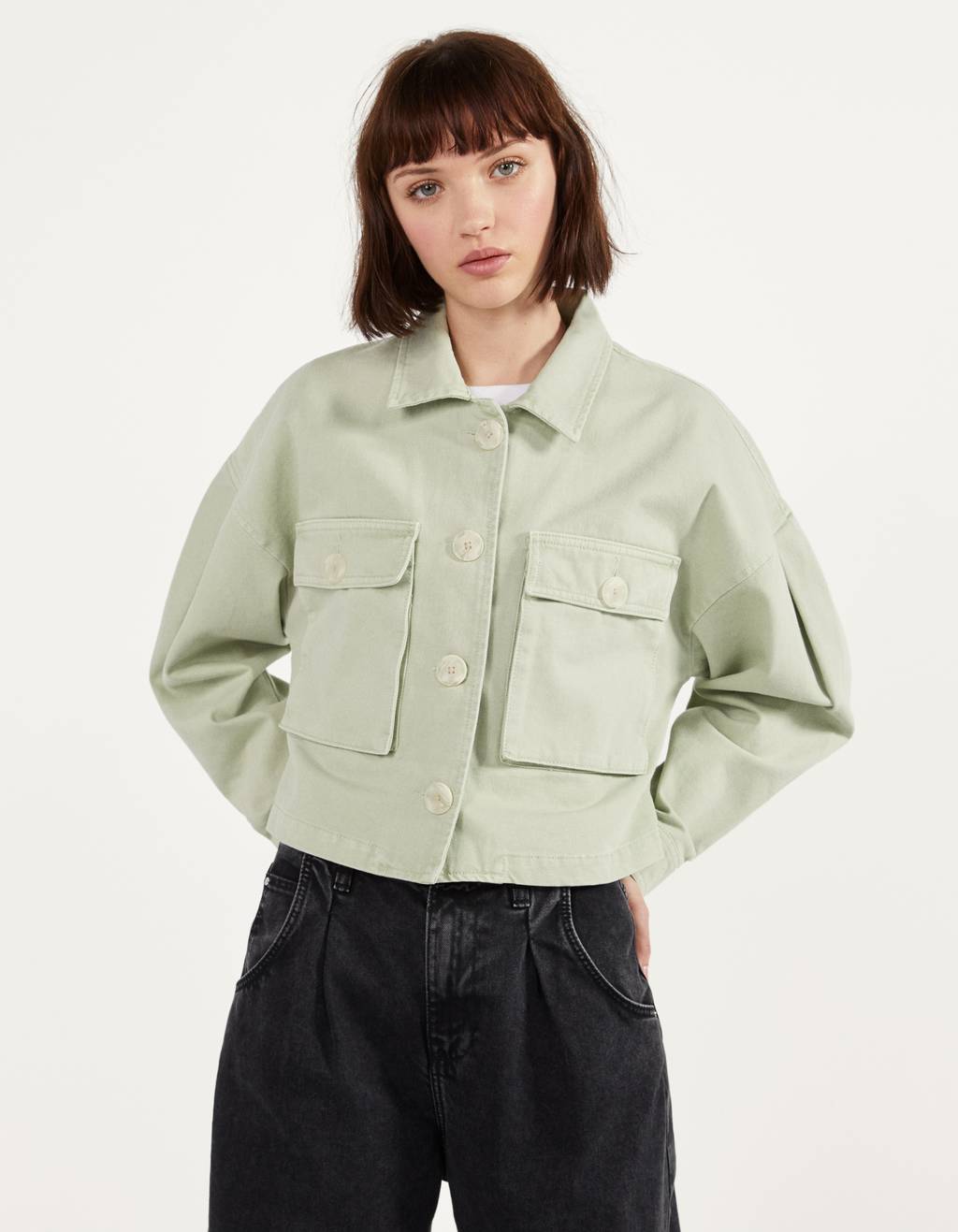 bershka pocket front utility denim jacket in beige