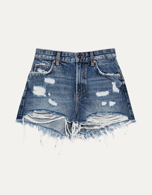 Denim shorts with rips - Crop - Bershka 