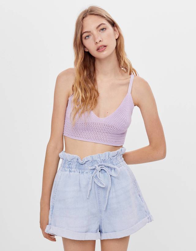 Denim paperbag shorts with ties - Woman 