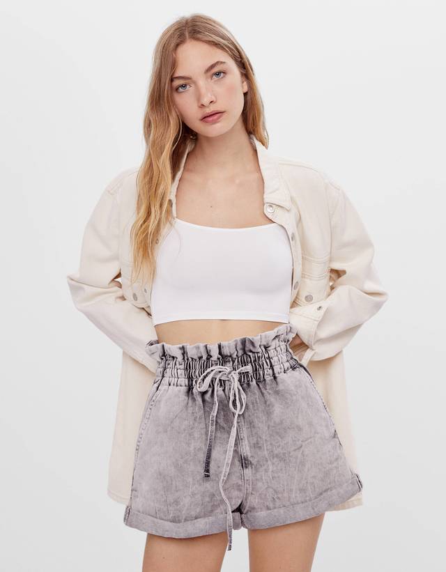 Denim paperbag shorts with ties - Denim 