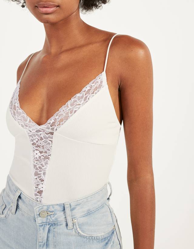 Ribbed Bodysuit With Lace Trim Woman Bershka