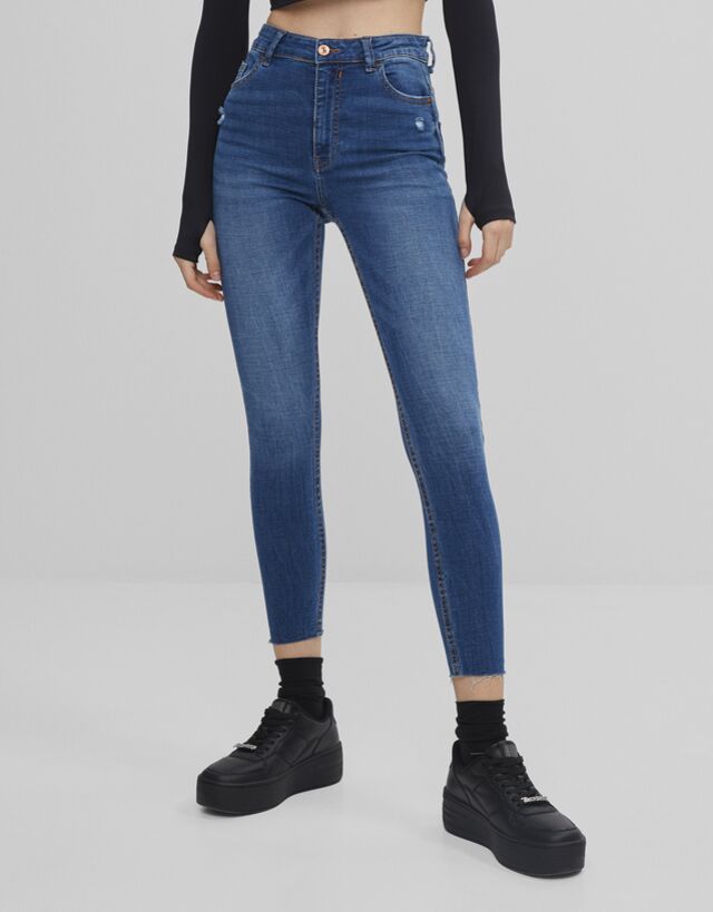 bershka super high waist skinny jean in mid blue