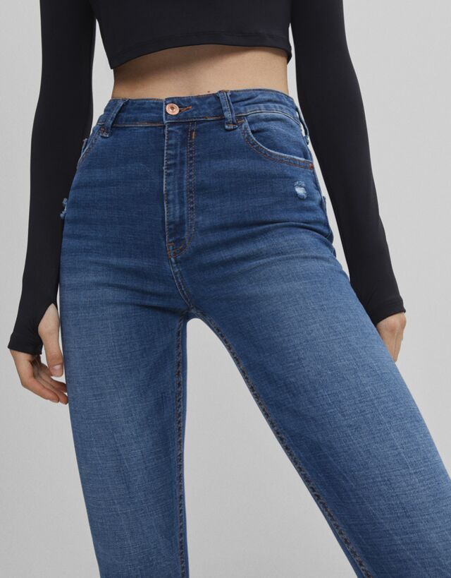 bershka super high waist skinny jean in mid blue