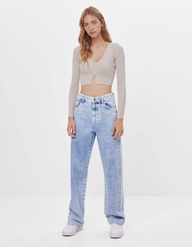 Straight fit jeans with rhinestones - Denim - Woman | Bershka