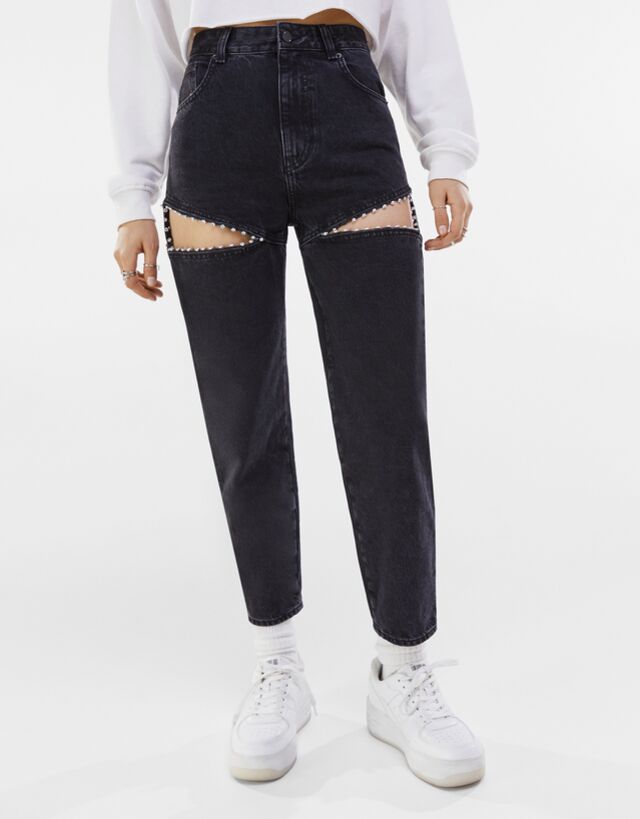 Mom Jeans With Beaded Cut Out Detail Woman Bershka