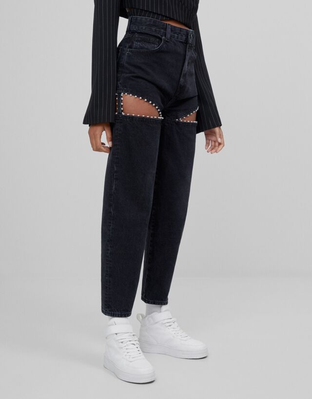 Mom Jeans With Beaded Cut Out Detail Trousers Woman Bershka
