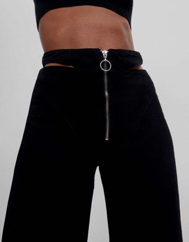 Wide-leg trousers with cut-out detail - Denim - Woman | Bershka
